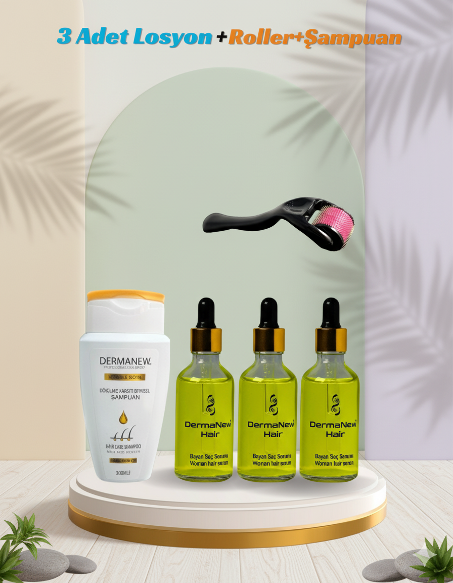  3’Lü Bayan Saç Serumu + Roller + Şampuan