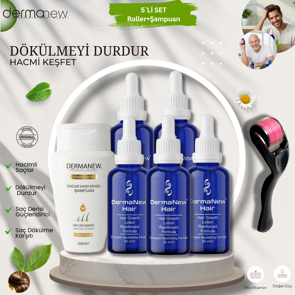 Dermanew Saç Bakım Serumu 5’Li Seti+ Roller + Şampuan