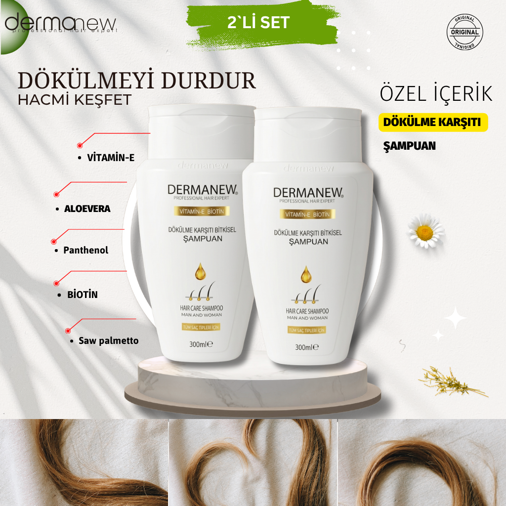 2'Li Dermanew  Özel İçerik Dökülme Karşıtı Kadın Ve Erkek Şampuanı 