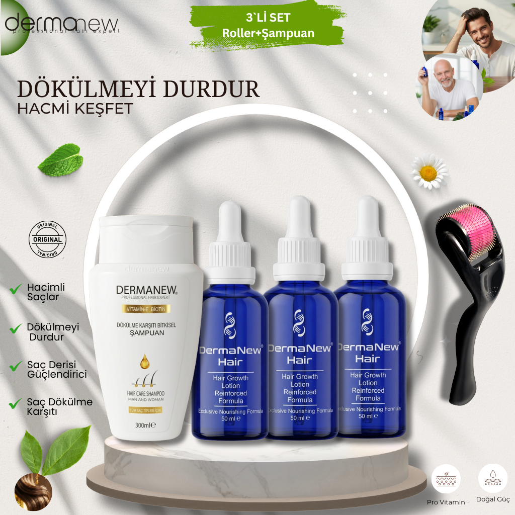 Dermanew Saç Bakım Serumu 3`Lİ SET + Roller + Şampuan