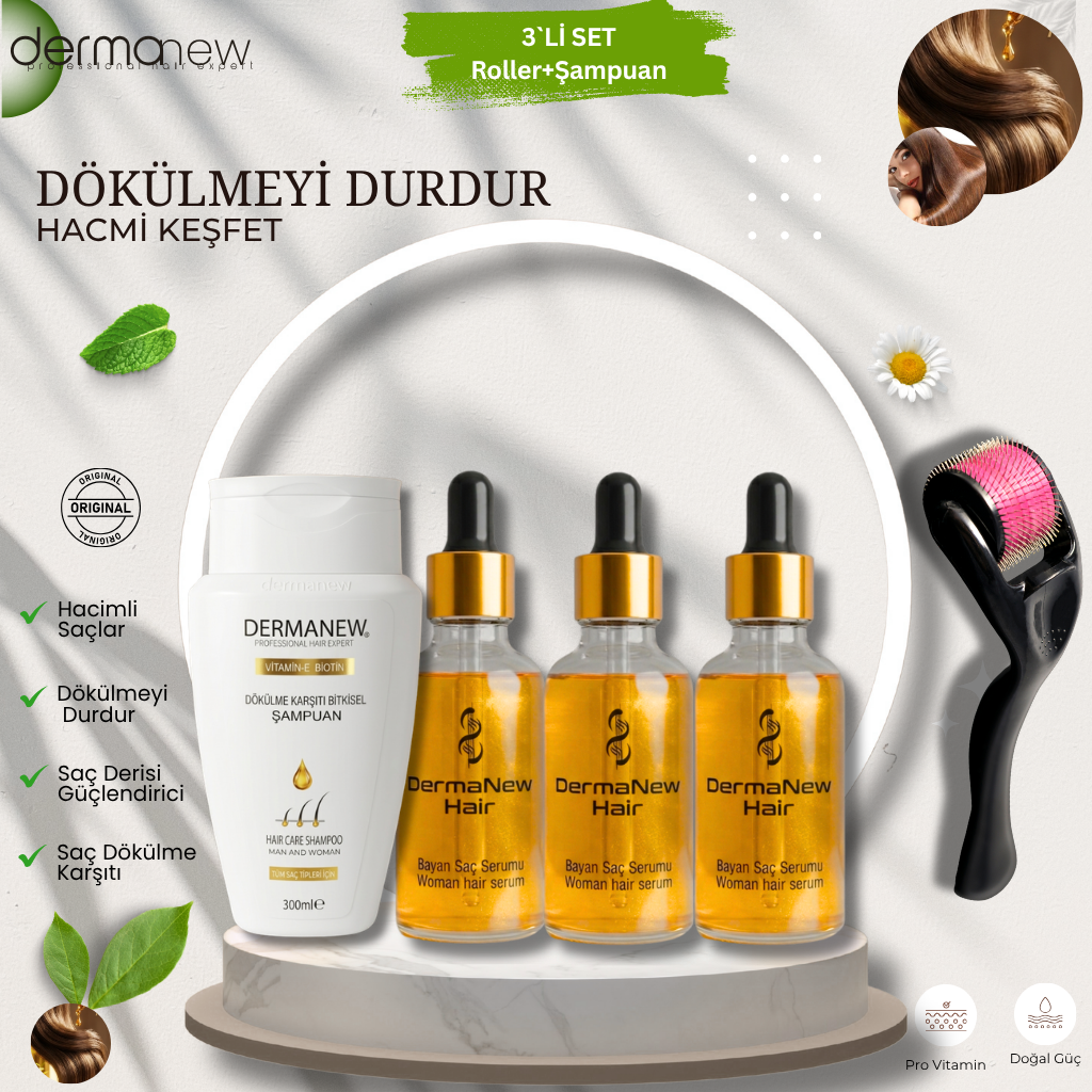 Dermanew Saç Bakım Serumu 3`Lİ SET + Roller + Şampuan