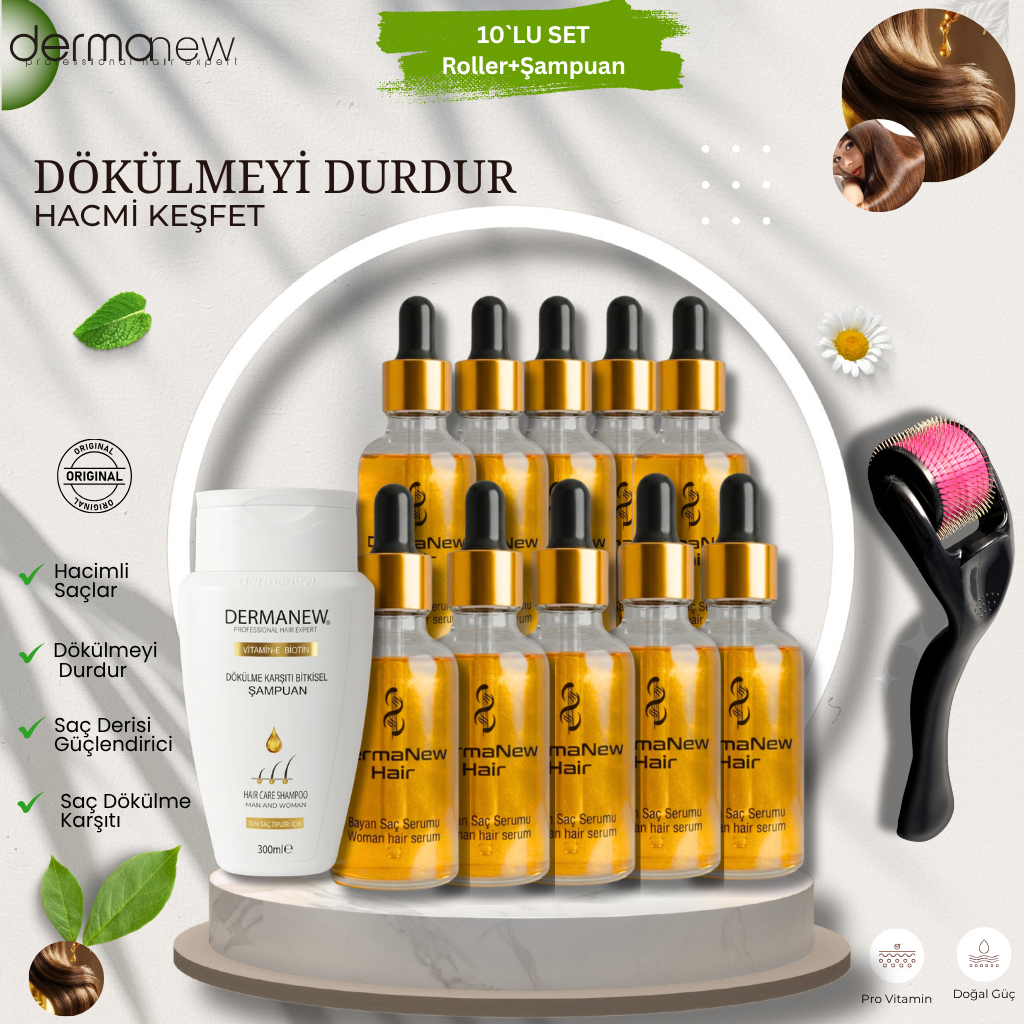 Dermanew Saç Bakım Serumu 10`LU SET + Roller + Şampuan