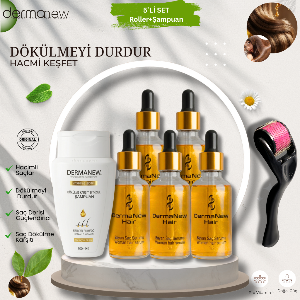 Dermanew Saç Bakım Serumu 5`Lİ SET + Roller + Şampuan
