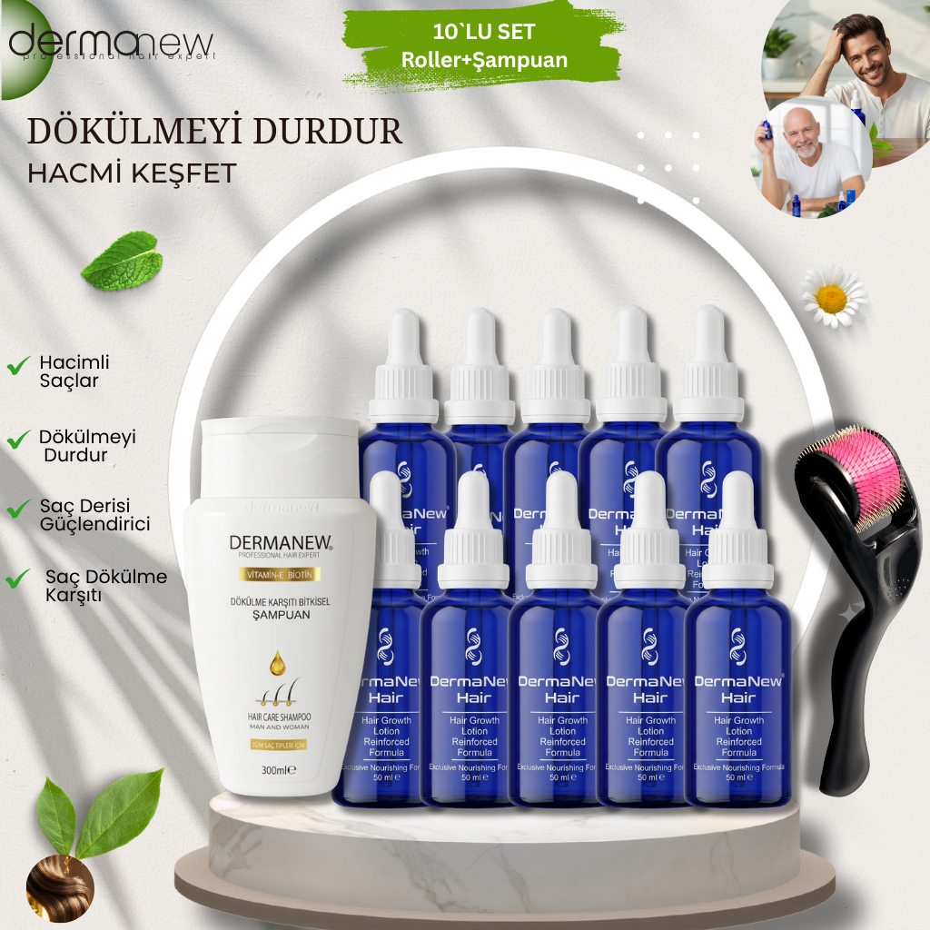 Dermanew Saç Bakım Serumu 10`Lu SET + Roller + Şampuan